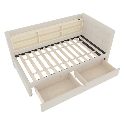 Zdjęcie produktu dla Łóżko dzienne Sweiko, 90x200 cm, łóżko dzienne, rozkładana sofa, z 2 szufladami, USB + typ C, kilka schowków, łóżko z listwową ramą (bez materaca), pościel, beżowy