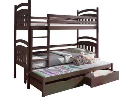 Produktbild von KEF ANTON Etagenbett Kinder Holz Kinderbett für Drei Kinder Leiter Universal ohne Matratze 80x170 cm Walnuss