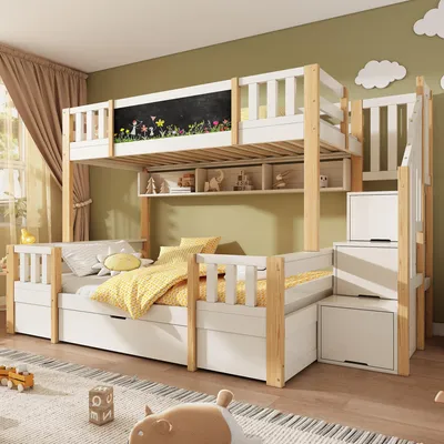 Produktbild von STILVORA Etagenbett 90x200 & 140x200 mit zwei Matratze Massivholz für 3 Kinder mit Kreidetafel, Hochbett mit Stauraum-Treppe & Schubladen, Stockbett mit Leiterschrank für Kinderzimmer, Weiß Natur