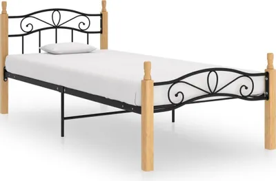 Image de Cadre de lit sans matelas noir métal bois chêne massif 90x200cm
