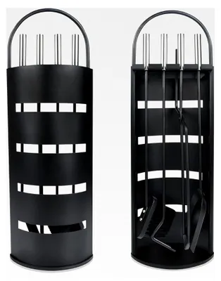 Produktbild von Kaminbesteck Schwarz - Edelstahl Kaminofen Besteck Set 5-teilig: Edelstahlständer mit Sichtschutz, Besen, Zange, Schürhaken, Ascheschaufel