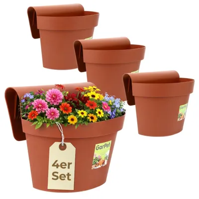 Produktbild von 4er Set Geländertopf Balkon mit Wasserspeicher Blumentopf Zaun Blumenkasten Geländer Geländerkasten Balkontopf Balkonkasten Balkon Blumenkasten Geländer Terracotta