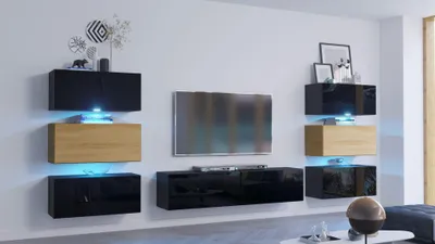 Produktbild von Furnitech Wohnwand Wohnzimmer - Wohnzimmer Möbel mit LED Weiß - Hängend Wohnwand Modern - Wohnzimmer Schrankwand mit Regale und TV Schrank (Henri AN72-19BD-HGM8-1B - 316cm)
