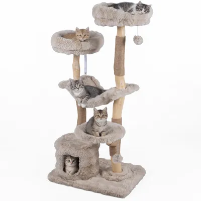 Immagine prodotto di KOMFOTTEU, albero per gatti da 147 cm, con amaca, cuccia e 3 piattaforme. Tiragraffi per gatti in peluche e legno massello, struttura a più livelli con colonne per graffiare e 2 palline in peluche per gatti