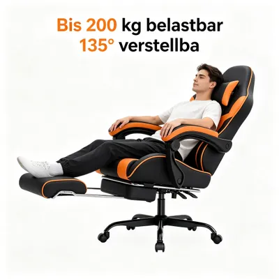 Produktbild von Gaming Stuhl bis 200 kg belastbar, ergonomisch mit Fußstütze, 135° verstellbar
