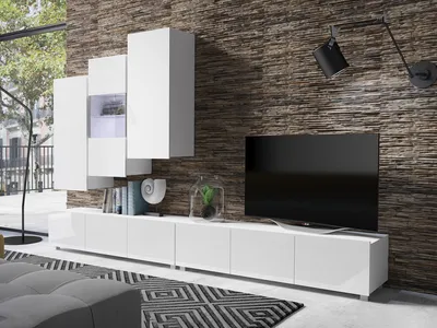 Produktbild von Wohnwand CALABRINI-17 Wohnzimmer-Set Hängewohnwand Schrankwand mit LED-Beleuchtung TV-Schrank Vitrine Moderne Anbauwand Hochglanz (Weiß)