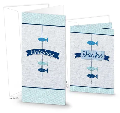 Produktbild von Maritimes Karten-Set: 5 Einladungskarten + 5 Dankeskarten blau weiß türkis