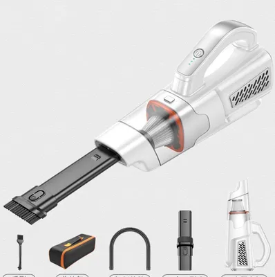 A white and gray cordless handheld vacuum cleaner with various accessories displayed below it against a white background.