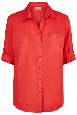 Produktbild von Barbara Lebek Damen Leinenbluse Rot mit Hemdkragen und Brusttaschen