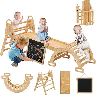 Produktbild von 6in1 Montessori Klettergerüst, Klettern Kinder Indoor mit Kletterbogen, Rutsche und Mini Kinder Maltafel, Climber Toy Drinnen und Draußen, Montessori Klettergerüst ab 1-6 Jahr