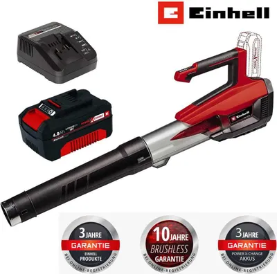 A cordless leaf blower, battery, and charger are displayed against a white background, with promotional badges at the bottom.