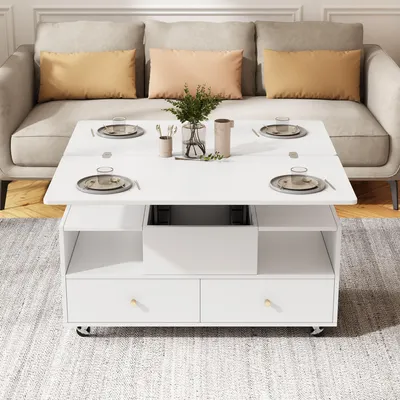 Produktbild von Couchtisch 100 x 50 x 47,5 cm, 100% MDF, Weiß, höhenverstellbar mit Klappfunktion, 4 Schubladen und Rollen