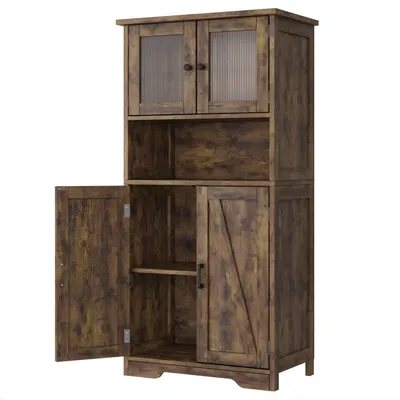 Produktbild von Freistehender Aufbewahrungsschrank mit Glastüren – Pantry Schrank – MDF & Glas – Gelb