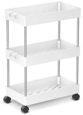 Image de Chariot de cuisine mobile avec 3 étagères, étagère de cuisine avec 4 crochets, étagère d'encastrement sur roulettes, étagère de rangement pour la cuisine, le bureau, la salle de bains, la buanderie – 60 x 40 x 22 cm