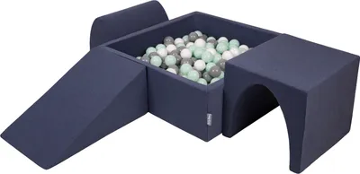 Produktbild von KiddyMoon spielplatz aus schaumstoff mit quadrat bällebad (300 bälle) ballgruben für babys spielbad hindernisläufen, hergestellt in der eu, dunkelblau:weiß/grau/minze