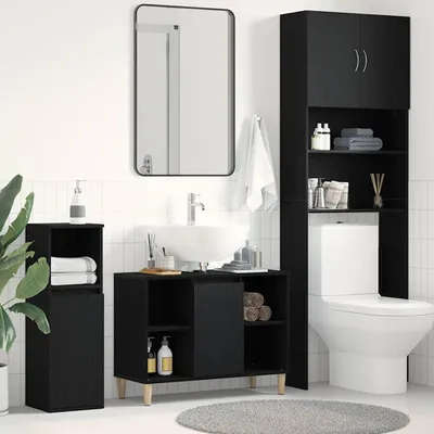 Produktbild von Spülbeckenschrank Eiche Schwarz 80x33x60 cm Holzwerkstoff, Design Möbel Badezimmerschränke Neu