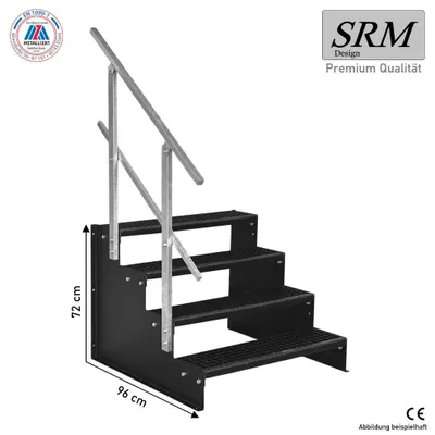 Zdjęcie produktu dla 4-stopniowe schody stojące, model 2, całkowicie czarne, schody stalowe, wysokość stopnia 18 cm, szerokość 110 cm, wysokość 72 cm, 1x poręcz