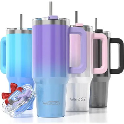 Productafbeelding van Thermobeker voor onderweg, 891 ml, roestvrij staal, vacuüm geïsoleerd, lekvrij, met handvat en rietje, paars, blauw, glanzend