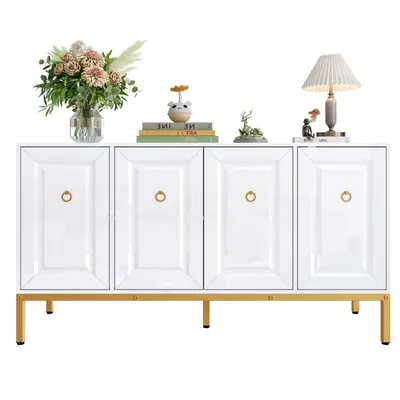 Produktbild von Sideboard, Hochglanz-Aufbewahrungselement, goldene Griffe und Beine, mit Regalen. 140×80×40cm