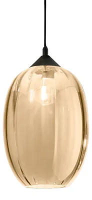 Imagen del producto de Lámpara colgante de color coñac fabricada con vidrio soplado a mano, con casquillo E27, diseño moderno para iluminación interior, diámetro de 250 mm, altura de 360 mm, grado de protección IP20.