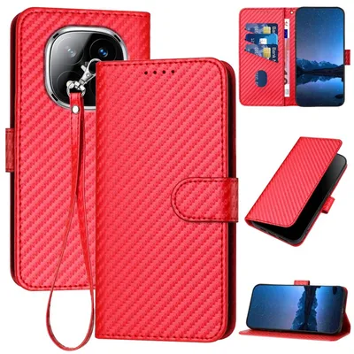 Produktbild von Für Xiaomi Redmi Note 14 Pro Plus 5G Carbon Fiber Kunstleder Hülle mit Lanyard Rot