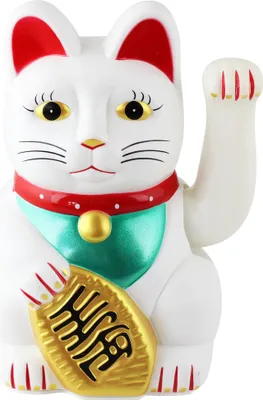 A white Maneki-neko (lucky cat) figurine with red ears and collar, a green bib, and a gold coin.