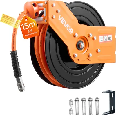 Produktbild von VEVOR Druckluft Schlauchtrommel, 15 m x 3/8 Zoll Hybrid-Druckluftschlauch, Schlauchaufroller 20 bar, Automatische Schlauchaufwicklung mit 1,52 m Zuleitung, 180° schwenkbare Decken-/Wandhalterung