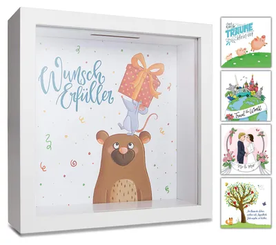 Produktbild von Sparschwein für Kinder mit „Wunscherfüller“-Motiv, Geschenkverpackung für Geburtstage, Geldgeschenk zur Geburt, großes Sparschwein, Spardose in Form eines 3D-Bilderrahmen, Spardose für Jungen und Mädchen