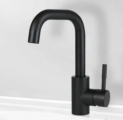 A black kitchen faucet is shown against a white and light gray background.