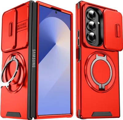 Immagine prodotto di Custodia a doppio strato per Samsung Galaxy Z Fold7, con copertura scorrevole della fotocamera e supporto ad anello magnetico Rosso