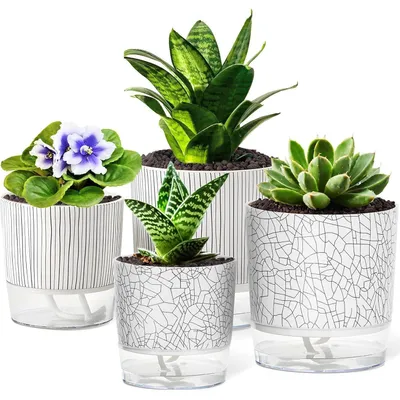 Productafbeelding van Zelfwaterende bloempotten, kruidenpotten set, 4 stuks, 11 cm + 14 cm, met irrigatiesysteem