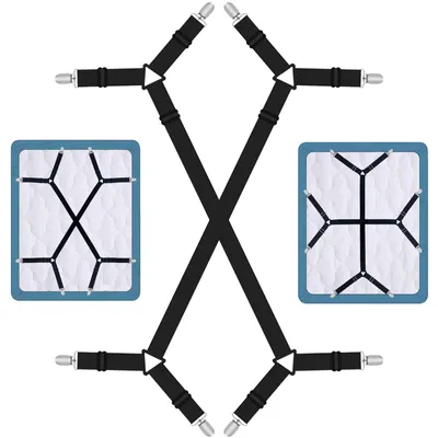 Image de 2 attaches de drap-housse réglables, attaches élastiques pour drap-housse, attaches noires pour drap-housse avec clips métalliques, attaches triangulaires élastiques réglables, pour draps-housses, housses de matelas, coussins de canapé
