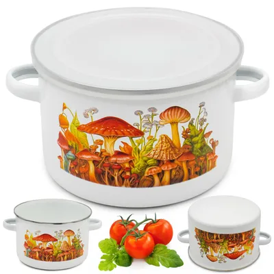 Zdjęcie produktu dla Garnek z Pokrywką 2,5L Emaliowany Garnuszek na Zupy Kuchenny Grzyby 18cm
