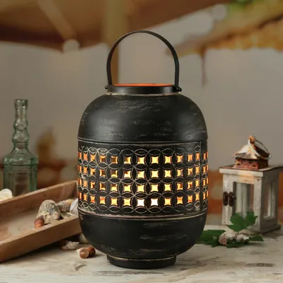 Produktbild von Laterne - Windlicht mit Henkel - Metall - H: 31cm - schwarz, kupfer