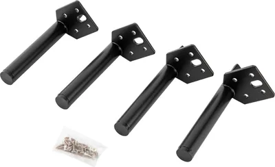 Four black furniture legs with mounting plates and a small bag of screws are arranged on a white background.