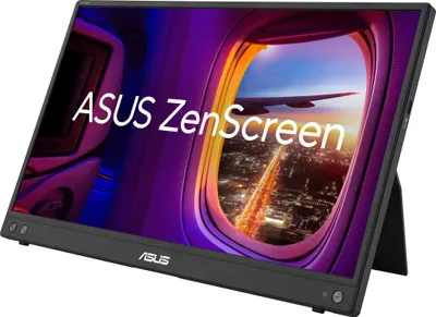A portable ASUS ZenScreen monitor displaying a scenic view from an airplane window.