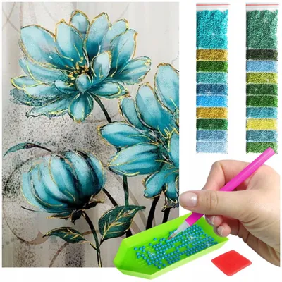 Produktbild von ARTULIO - Diamond Painting Set - Türkise Blumen mit Goldkontur - 60 x 40 cm - Groß XXL - Home Wand Deko, Crystal Art, Bilder DIY