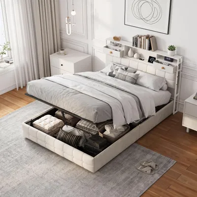 Immagine prodotto di Letto contenitore con boxspring, dimensioni 140x200 cm, con illuminazione LED e prese USB, struttura per letto matrimoniale con rete a molle/sistema di sollevamento idraulico, imbottitura in velluto, colore beige