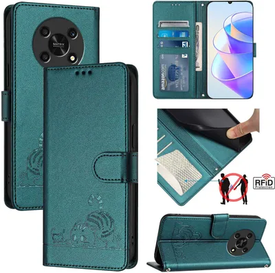 Produktbild von Leder Hülle für Honor X9 / X9 5G Süße Katze Flip Case Brieftasche Schutzhülle mit Standfunktion Grün