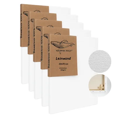 Produktbild von Leinwand Set 5 Stück 50x70 cm auf Keilrahmen – Baumwoll-Leinwände 350 g/m² – 3-fach mit Gesso grundiert – Künstlerbedarf zum Bemalen für Acryl