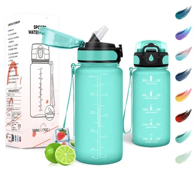 Produktbild von Trinkflasche 500ml Auslaufsicher mit Strohhalm Blau Grün Sportflasche