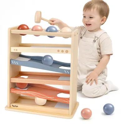 Produktbild von Holz-Kugelbahn im Montessori-Stil mit Hammer – 4 Kugeln – Ab 1 Jahr – Holz