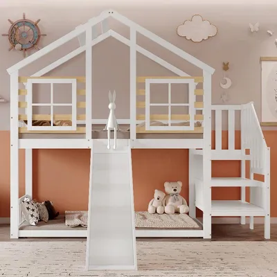 Immagine prodotto di Letto a castello 90x200 bianco, in legno e MDF, con struttura a casetta e finestra, letto a castello per bambini con scivolo, ideale per la camera da letto