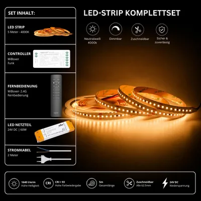 Produktbild von LED Streifen Set Neutralweiß 4000K – SMD LED Streifen 24V, 9 W/m, 1640 lm/m, 5m – SS60 Netzteil, SR2 Funk-Controller und C1 Fernbedienung Schwarz