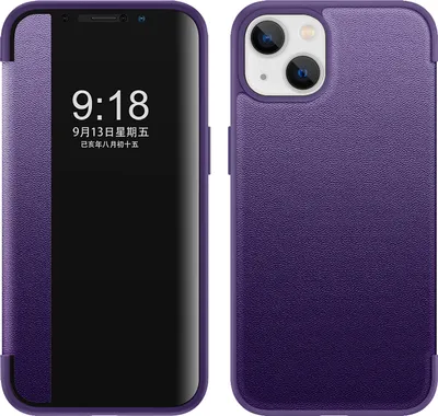 Image de Étui pour iPhone 14 étui fin à rabat en cuirPolyuréthaneavec fenêtre d'affichage Violet