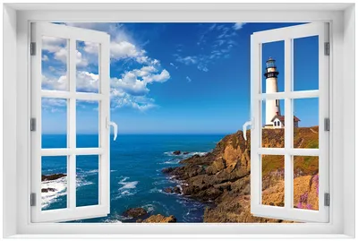 Produktbild von Wallario Premium Glasbild mit Fensterrahmen, freischwebende Optik, kräftige Farben, Größe 60 x 90 cm Motiv Leuchtturm auf einem Felsvorsprung - Blauer Himmel