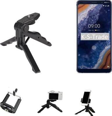 Produktbild von K-S-Trade Stativ Tisch-Ständer Dreibein Handy-Stativ Ständer kompatibel mit Nokia 9 Mini-Stativ Smartphone Tripod Handy-Stativ aus Plastik schwarz