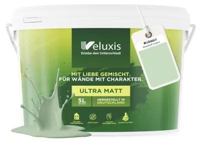 Produktbild von Wandfarbe Grün Hellgrau Mintgrün Matt Innenfarbe – Deckkraft Klasse 1, VOC-frei, Ohne Grundierung, Tropfarm – Wohnzimmer & Schlafzimmer – 5L – Veluxis (Woodruff Cream)