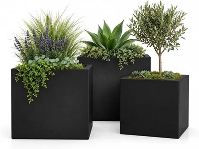 Produktbild von Pflanzkübel Fiberglas Cube Anthrazit 3er-Set 23cm + 28cm + 34cm *Frostbeständig* *UV-Schutz* *Qualitätsware*