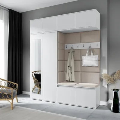 Produktbild von Garderoben-Set NIKOLA Kleiderschrank mit Polsterplatten, Schuhschrank und Schrankaufsatz 90 cm – Ideal für Flur und Eingangsbereich (Weiß, Trinity 02)